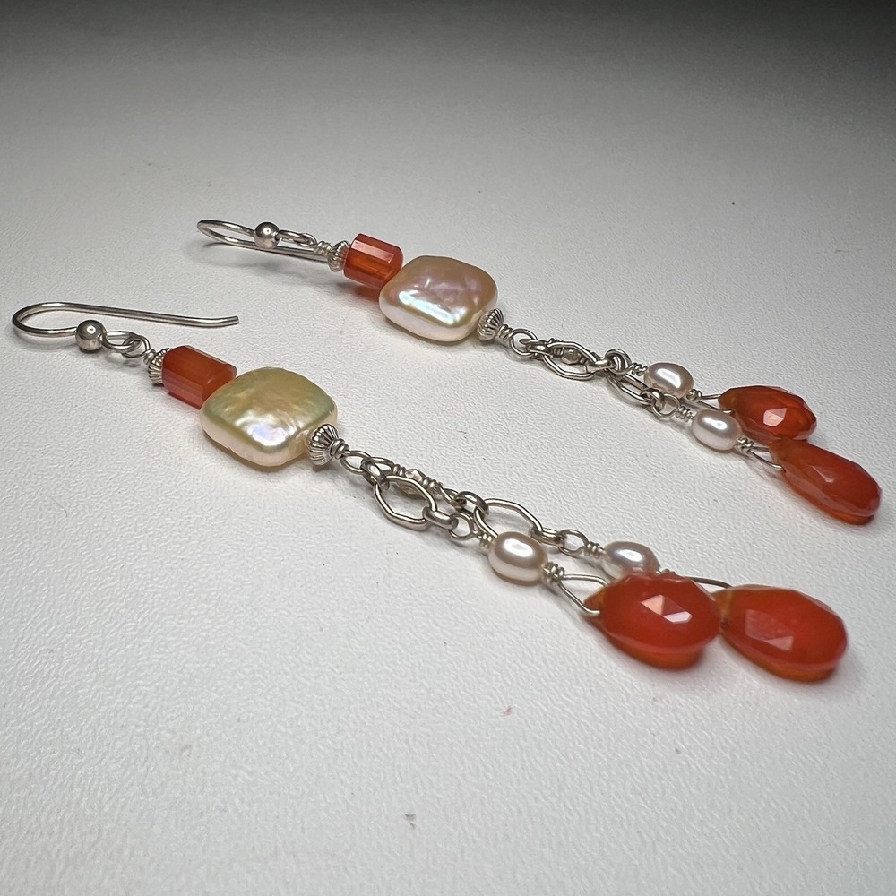Vtg Long, Wire Wrapped Earrings Orange Carnelian & Pearl Chandelier